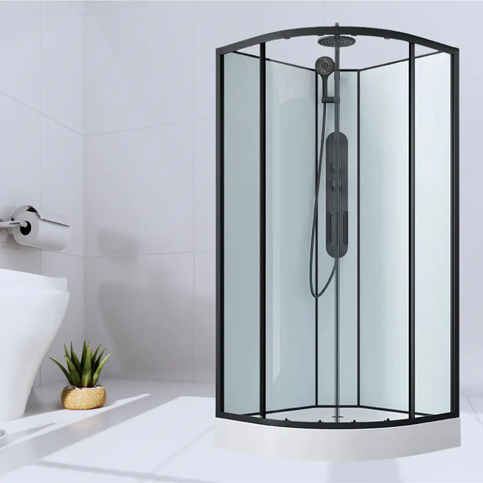 SHOWER CURVO 90X90 CON HIDROMASAJE Y PANEL NEGRO 2