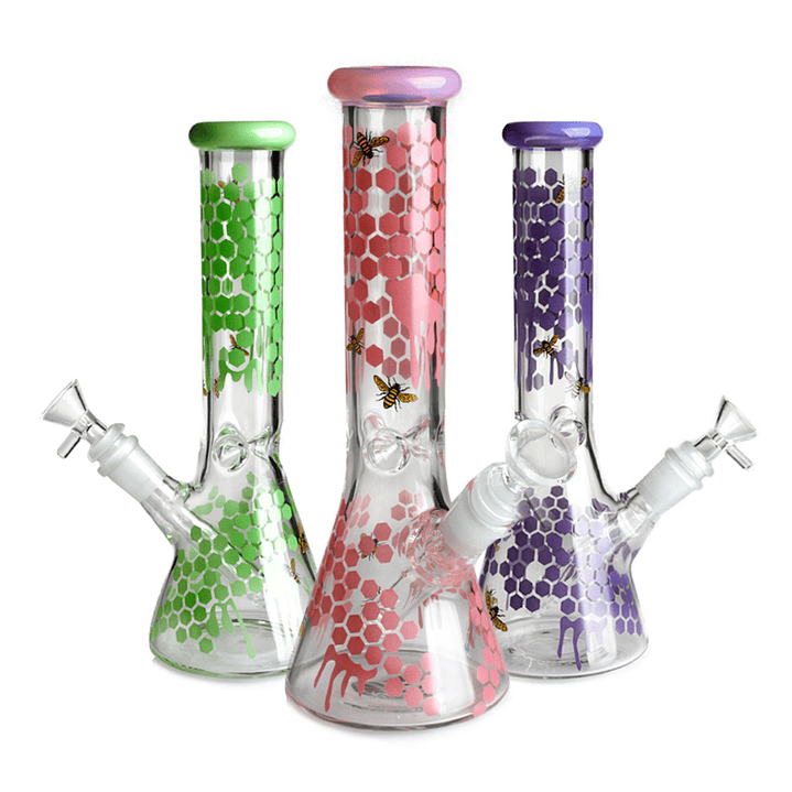Bong de Vidrio Estilo Honeycomb Beaker – Bong Decorado con Diseño Panal 25cms 1