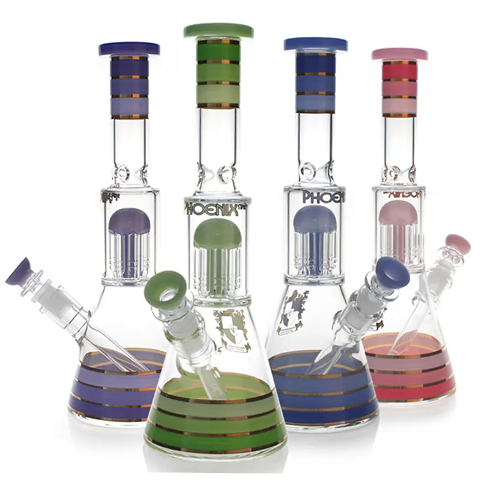 Bong de Pyrex Phoenix Star Diseño Beaker con Percolador de 8 Brazos y Líneas de Oro 24K - 30cms 1
