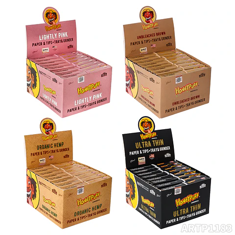 CAJA Set Honeypuff 4-en-1: Papel King Size + Tips + Bandeja + Moledor. MAYORISTA