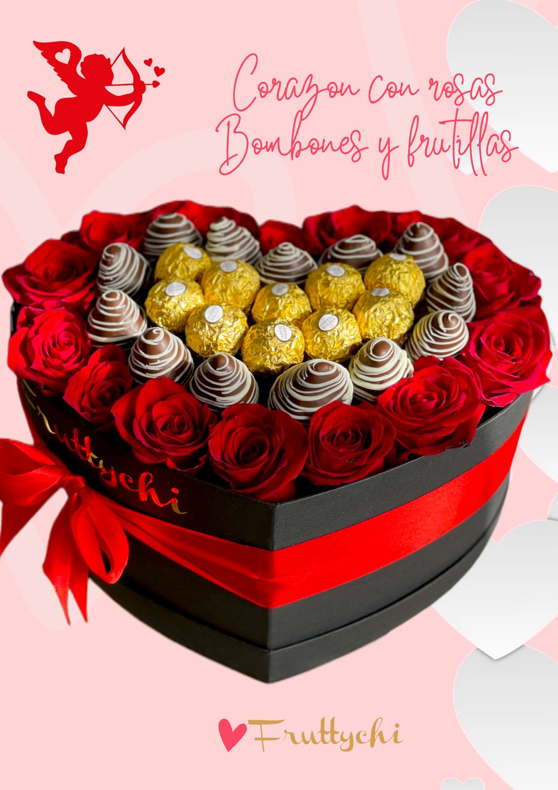 Caja de corazon 20 rosas + Bombones Ferrero Rocher