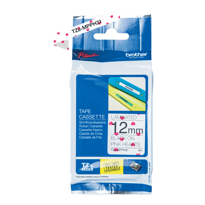 Cinta para etiquetas Brother TZEMPPH31 12MM negro sobre corazones rosados 1