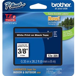 Cinta para etiquetas Brother P-touch TZE325 - 9.52mm Ancho - Blanco, Negro - Laminada
