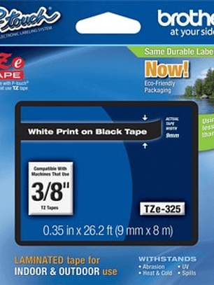Cinta para etiquetas Brother P-touch TZE325 - 9.52mm Ancho - Blanco, Negro - Laminada