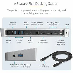 Dock USB-C StarTech Triple Monitor 4K PD 100W DisplayPort HDMI