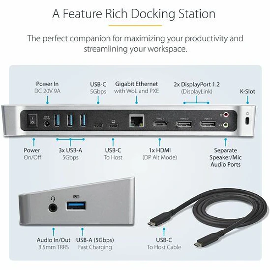Dock USB-C StarTech Triple Monitor 4K PD 100W DisplayPort HDMI 2