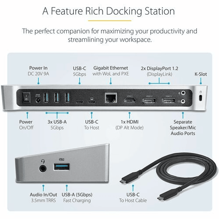 Dock USB-C Triple Monitor 4K StarTech DK30CH2DEP 100W 2