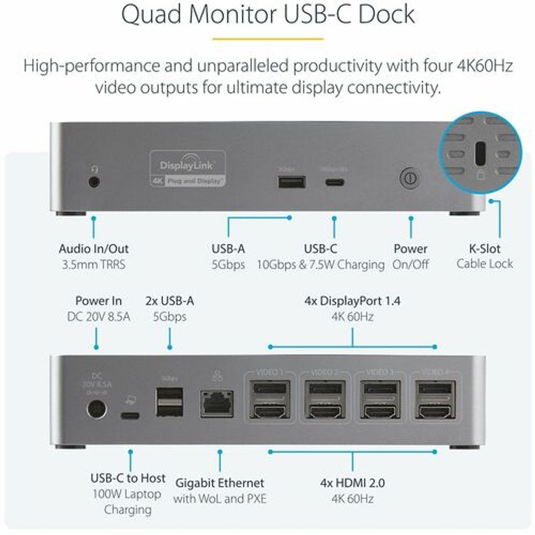 Docking Station USB-C StarTech.com 4 HDMI 4K 100W Gigabit Ethernet 2