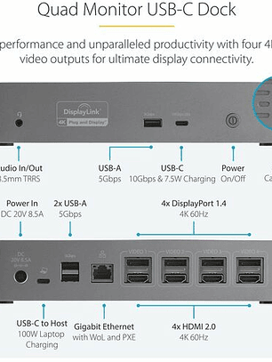 Docking Station USB-C StarTech.com 4 HDMI 4K 100W Gigabit Ethernet