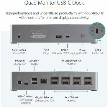 Docking Station USB-C StarTech.com 4 HDMI 4K 100W Gigabit Ethernet 2