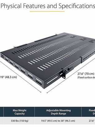 Bandeja Rack 1U Ajustable Ventilada StarTech Alta Resistencia