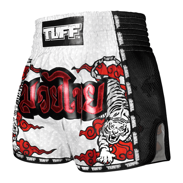 Shorts de Muay Thai Tuff msc121wht New Retro Style White Double Tiger With Red Text