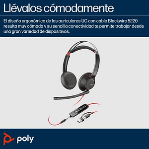 Auriculares Estéreo Poly Blackwire 5220 USB-C con Conector de 3,5 mm y Adaptador USB-C/A