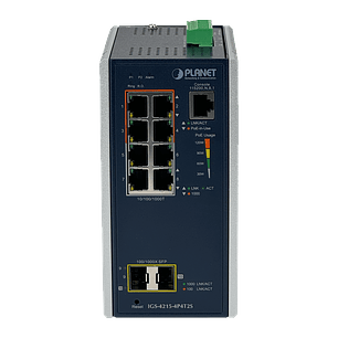 Switch PLANET 8-1000(4PoE-at) 2-SFP 144W-tot RielDIN Switch Industrial 4P4T2S