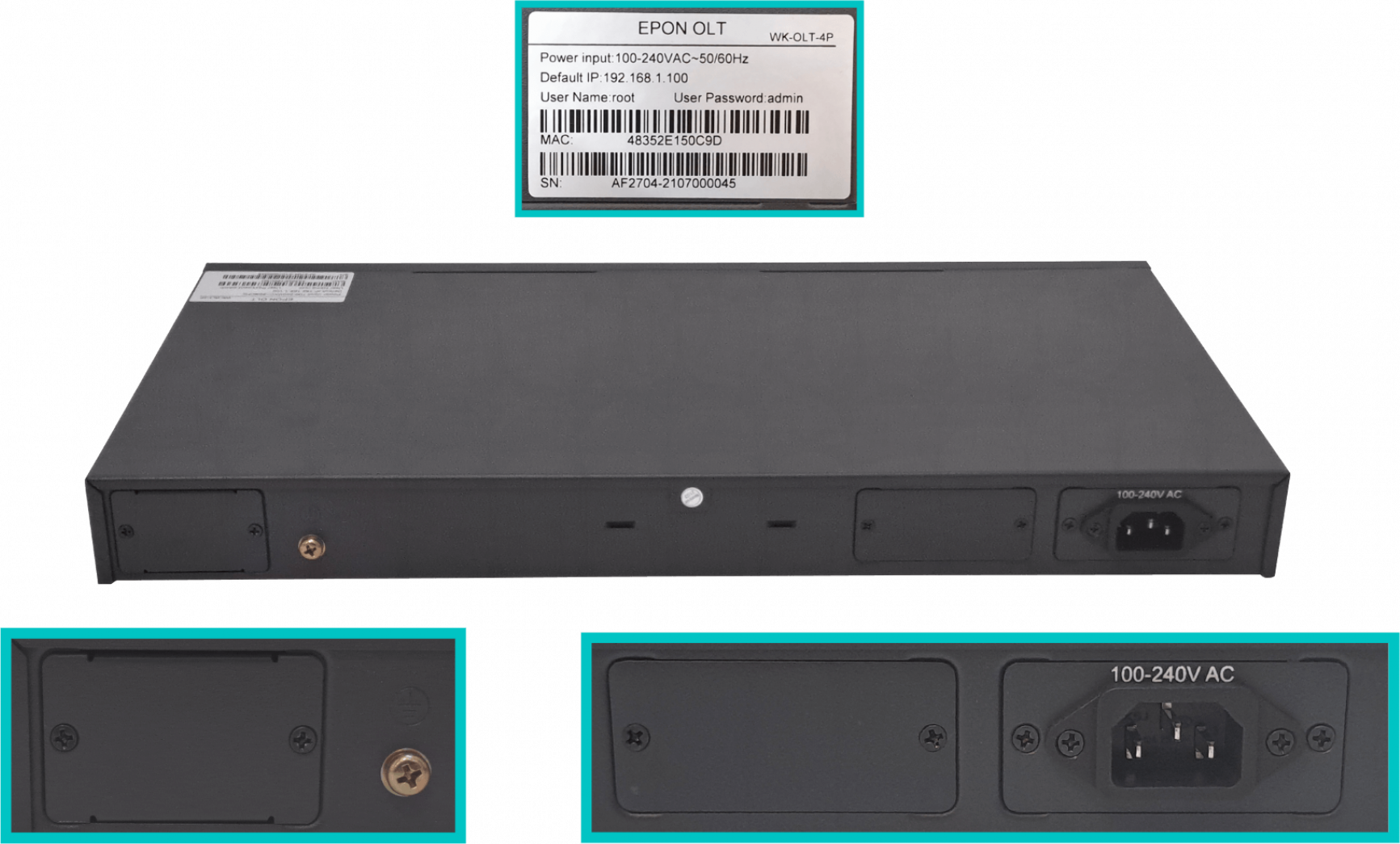 OLT WOLCK 4-EPON-SFP OLT 4-1000 4-SFP 1U-Rack RJ45-RS232-Console RJ45-MGMT 3