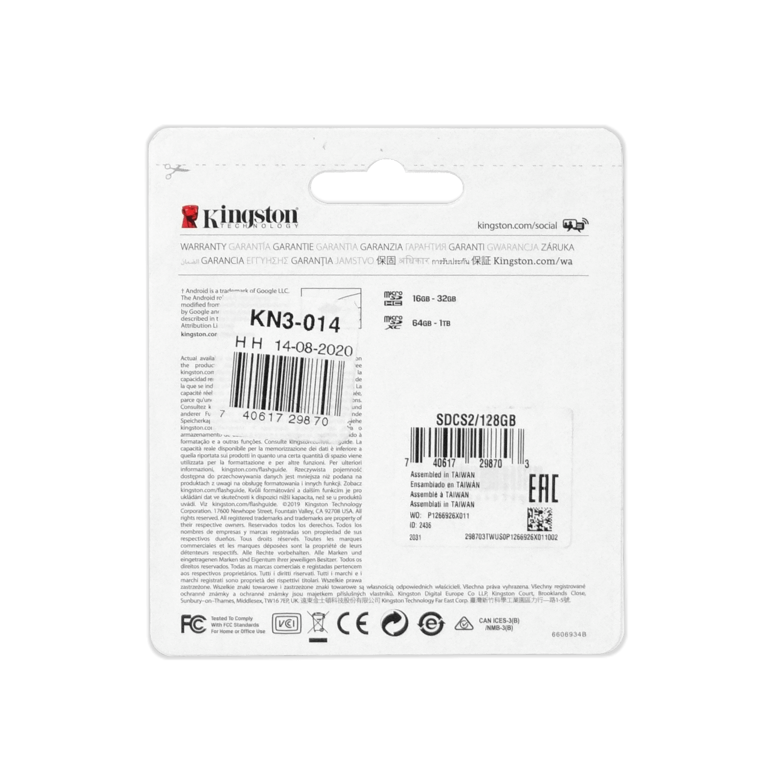 Tarjeta de Memoria 128GB MicroSD-XC c/Adaptador-SD Class10 SDCS2/128GB Kingston 3