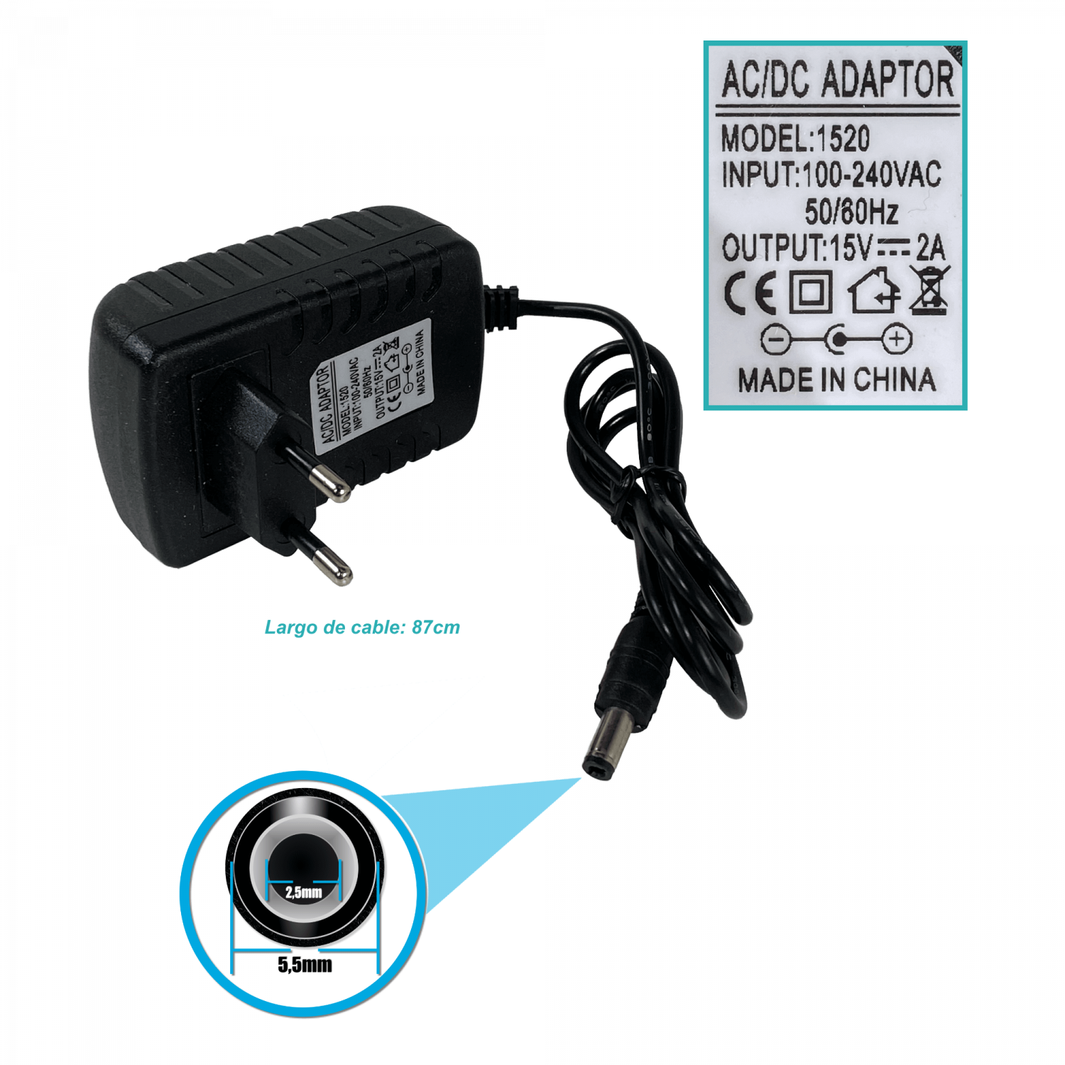 Fuente de Poder 15V 2A Plug 5.5x2.5mm 2