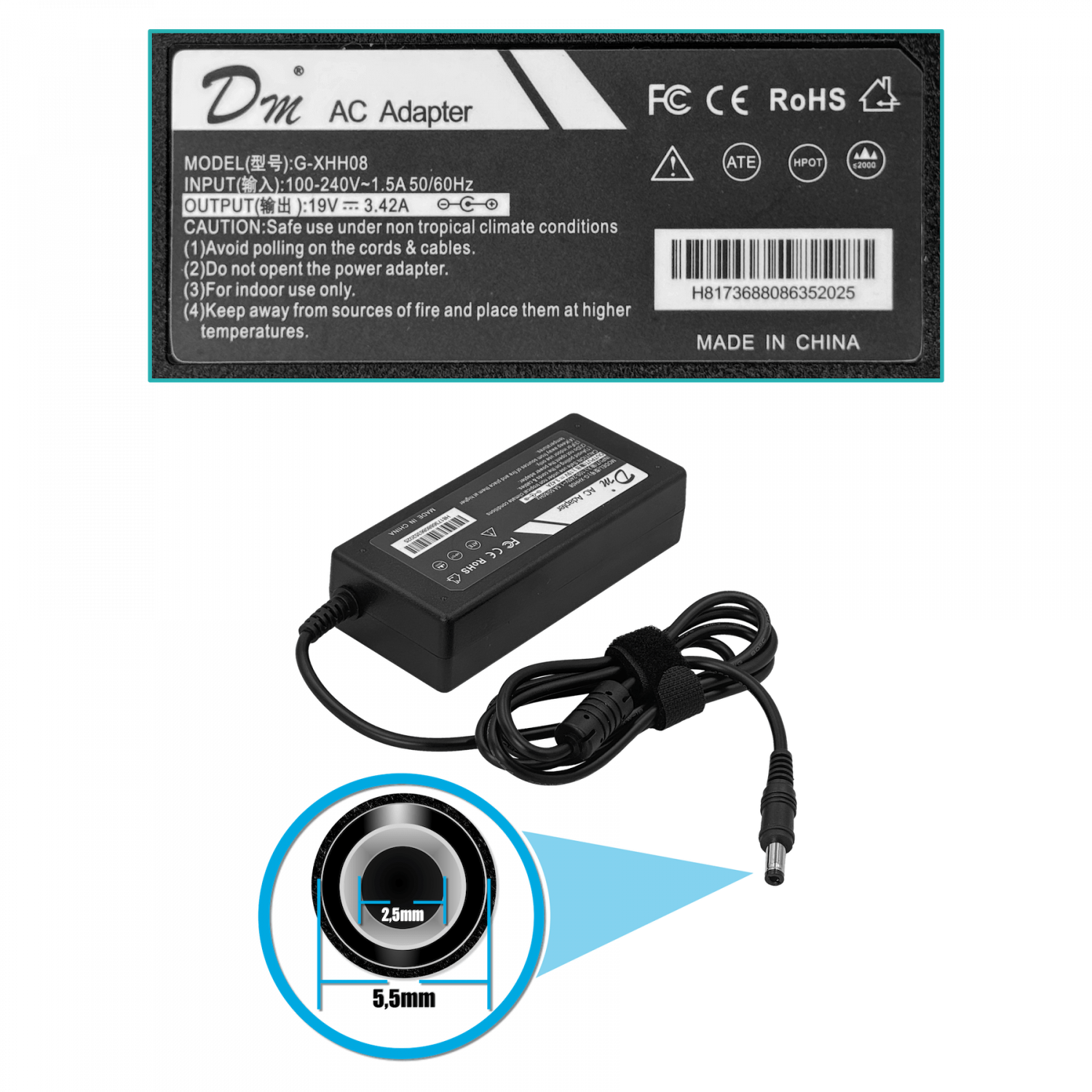 Fuente Switching 19VDC 3.41A 65W, Plug 5.5x2.5mm, Para Equipos Electrónicos 2