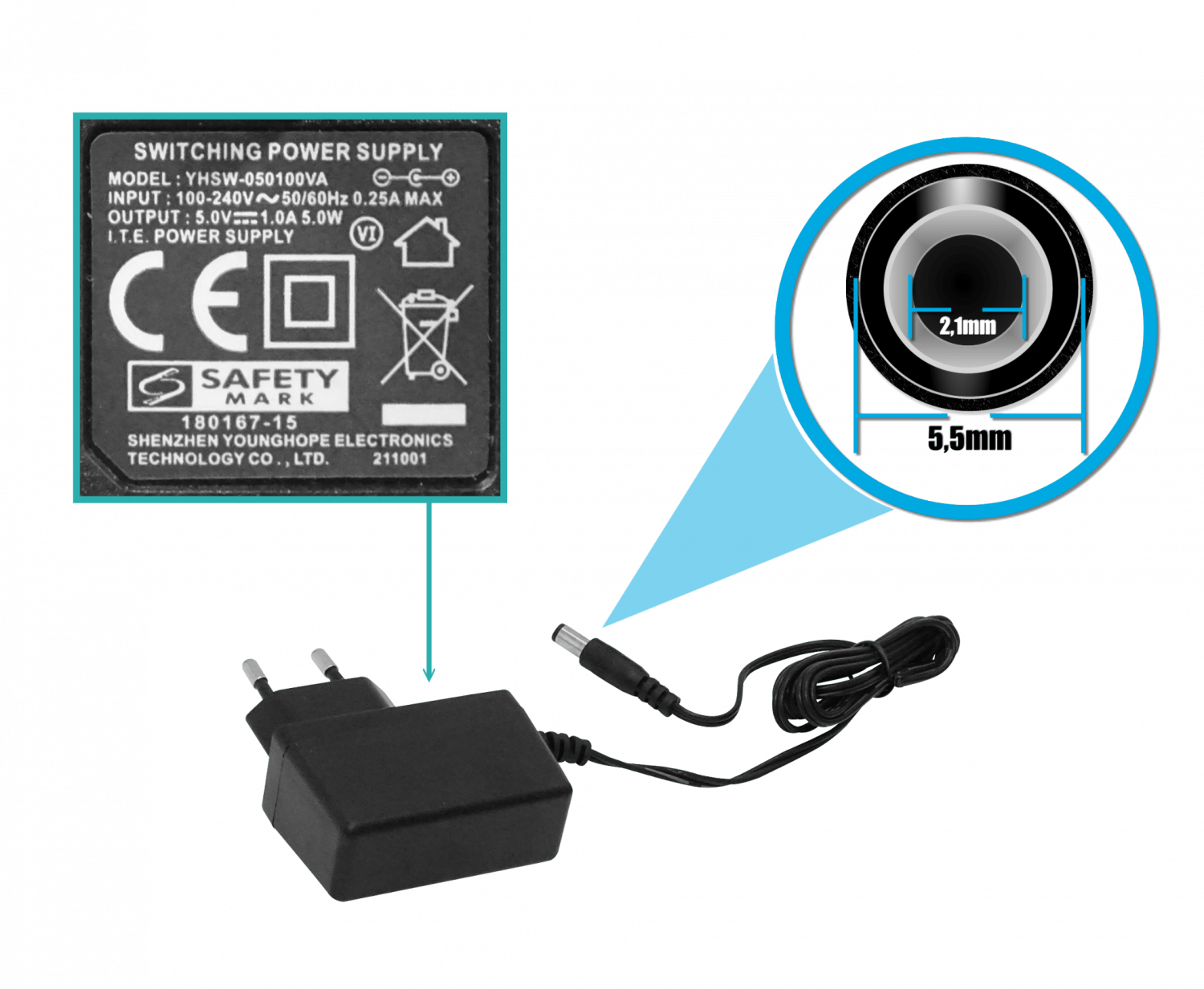 Fuente de Poder 5V 1A Plug 5.5x2.1mm, Transformador 100-240VAC 2