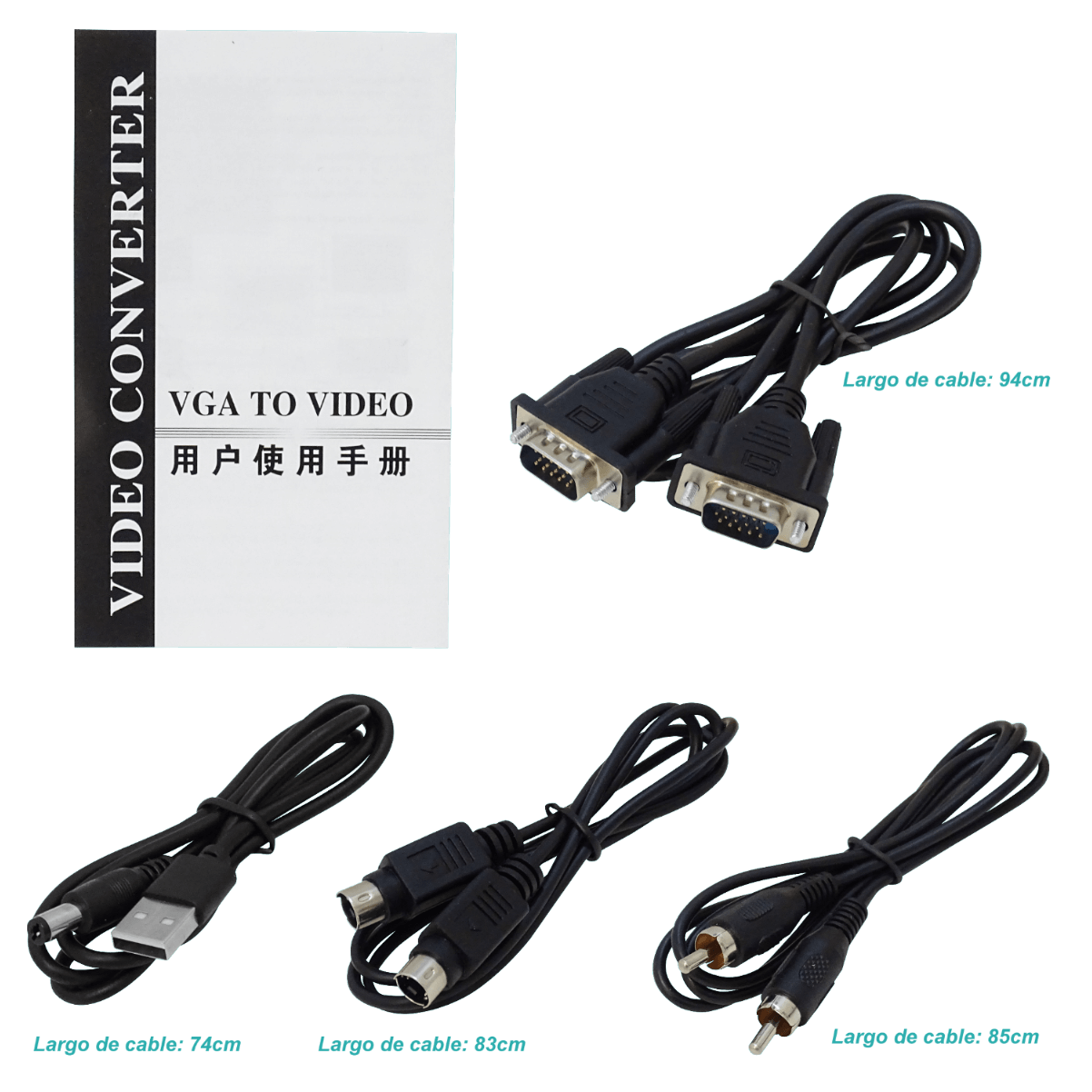 Convertidor VGA Hembra a RCA Hembra + S-Video, Requiere Fuente USB 5V 4