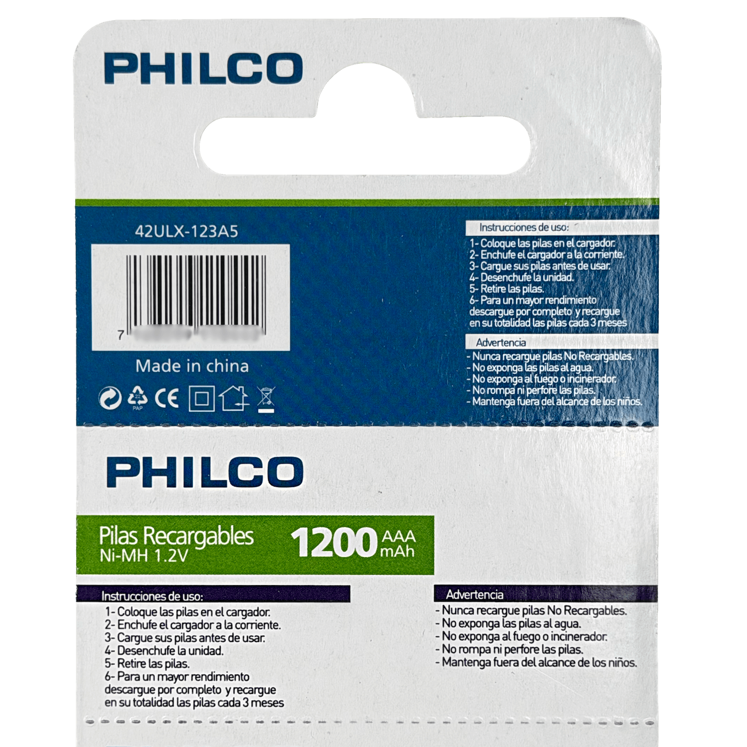 5 Pila Recargable PHILCO AAA  1200mAh 1,2V Ni-MH Precargada 42ULX-123A5 3