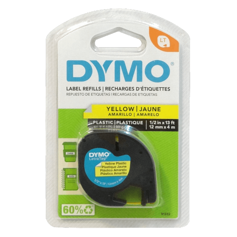 Etiqueta Plastica Letratag DYMO Negro sobre Amarillo 12mm x 4mt  2