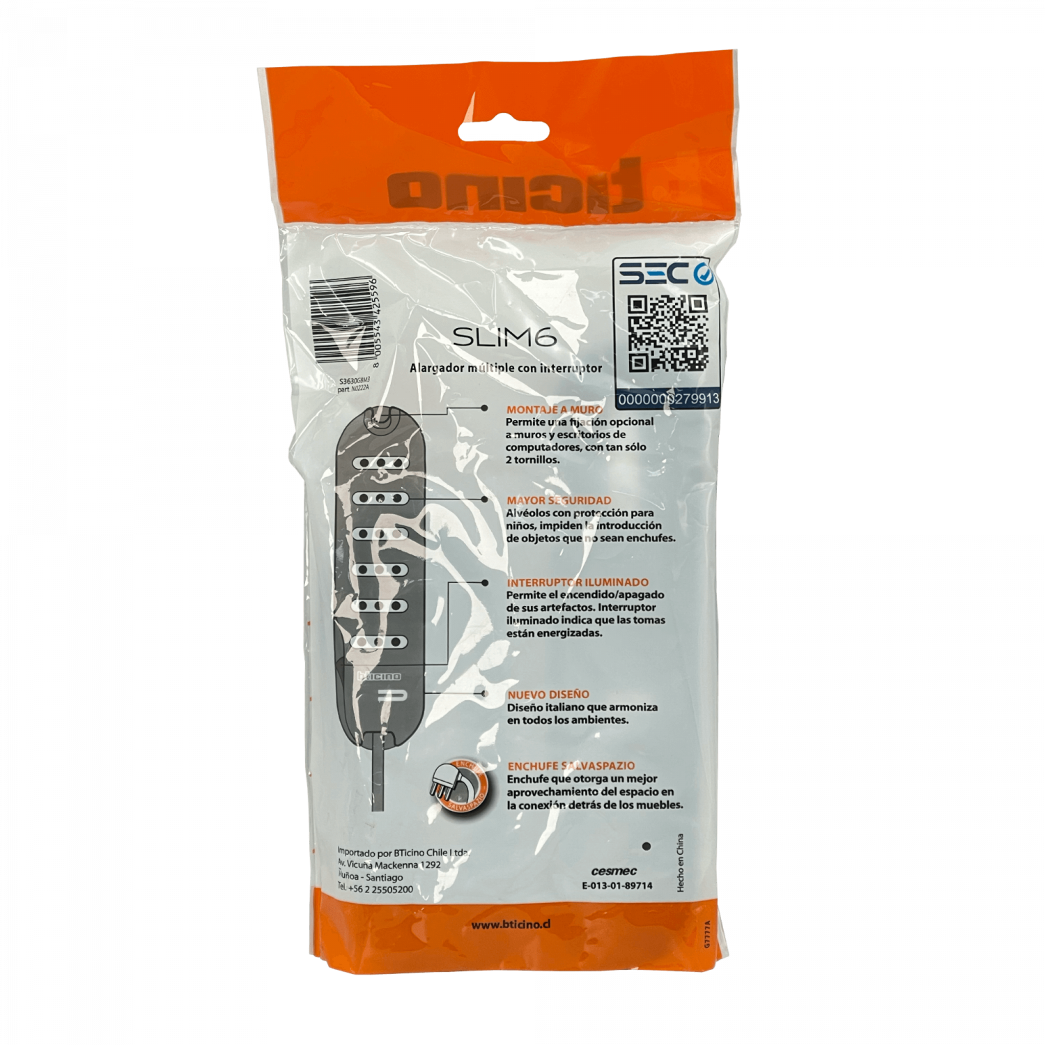 Zapatilla Bticino 3mt 6-enchufes Alargador Negro 10A Switch-piloto 2