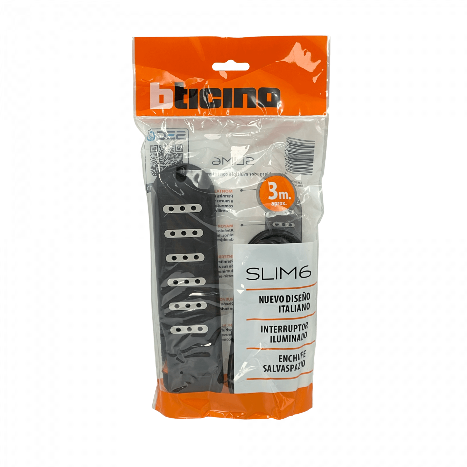 Zapatilla Bticino 3mt 6-enchufes Alargador Negro 10A Switch-piloto 3