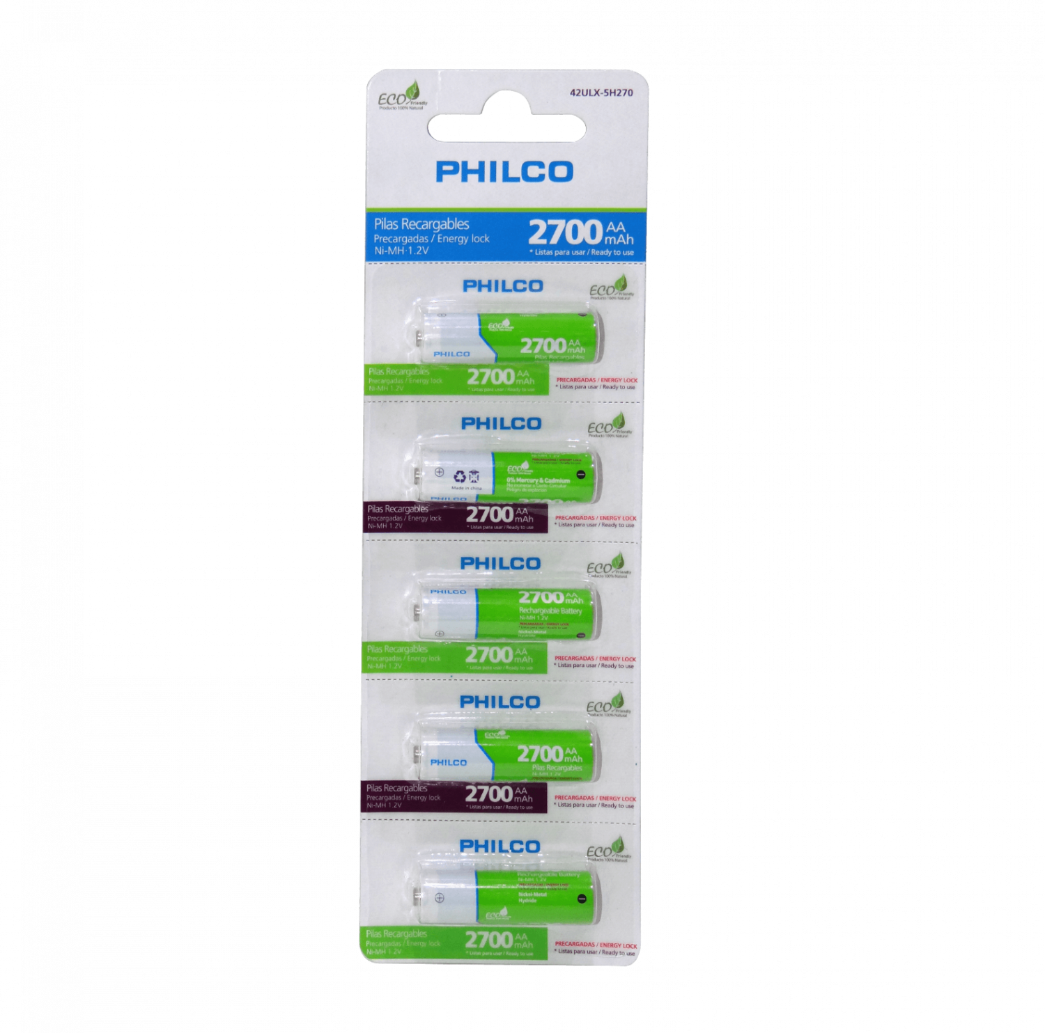 Pack 5 Pilas AA Recargable 2700mAh 1,2V Ni-MH Precargada  PHILCO AA 1