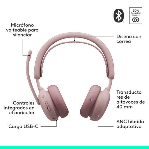 Audífonos Logitech Zone Wireless Bluetooth Rose con Diseño Elegante para Oficina y Trabajo Híbrido 7