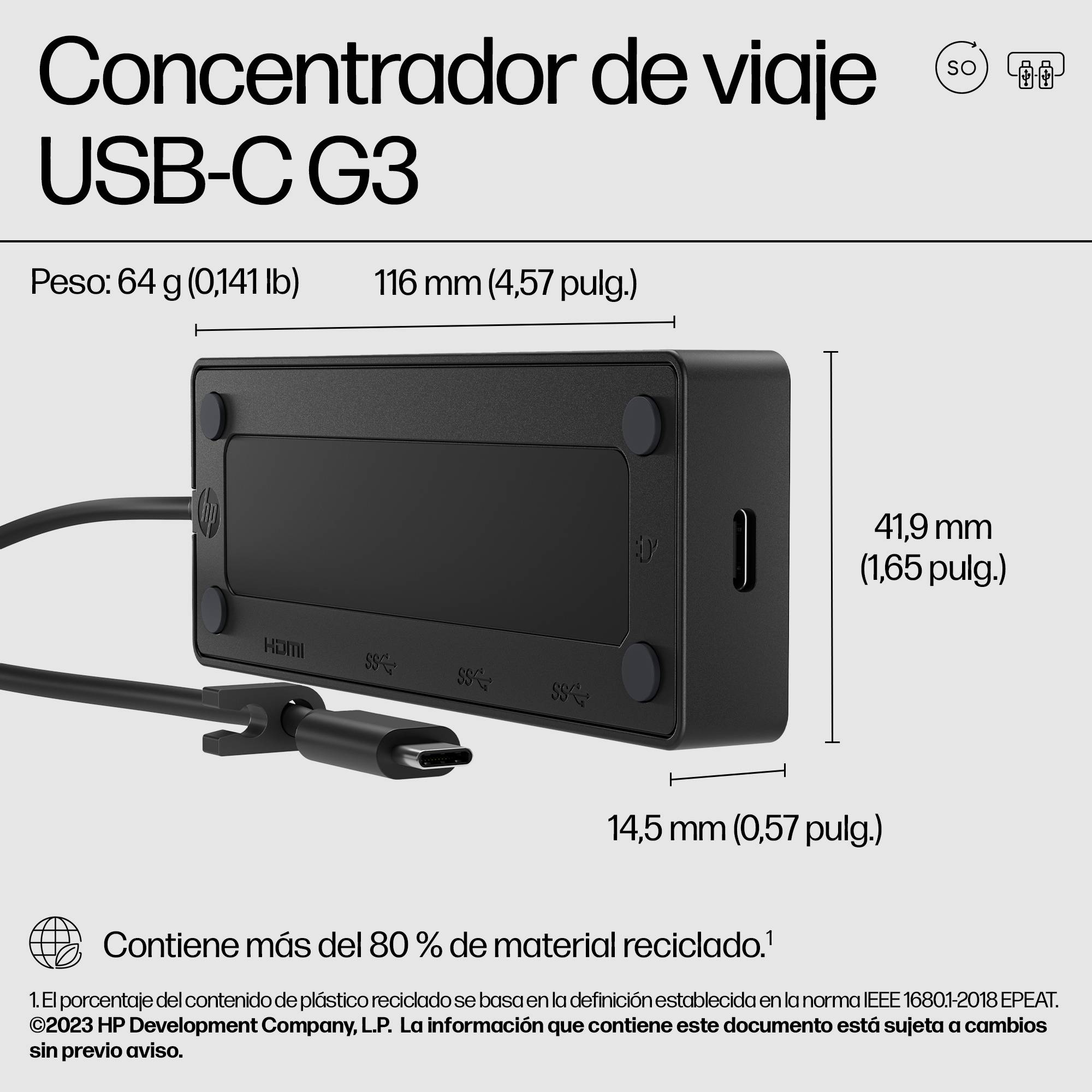 Adaptador HP USB-C Travel Hub G3 86S97UT 5 Puertos HDMI 4K 10Gbps 6