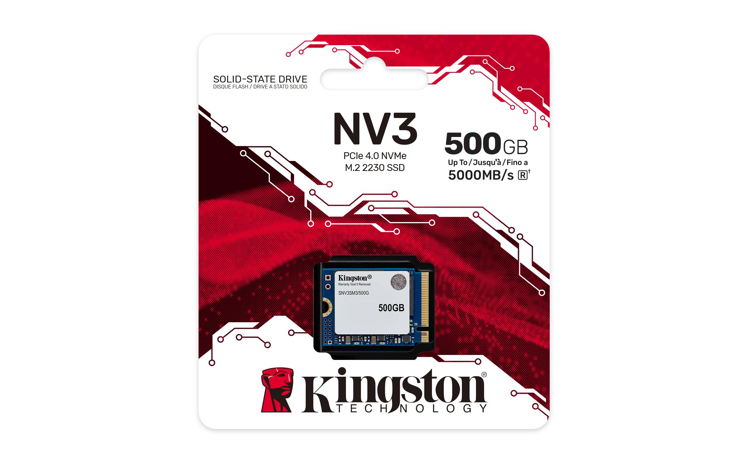 Unidad SSD 500GB M.2?2230 NVMe PCIe 4.0 x4 Kingston NV3 - PCIe 4.0, NAND 3D, R5000/W3000 MB/s 4