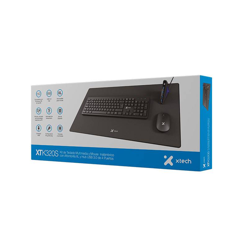 Kit de Teclado y Mouse Inalámbrico Xtech 320S, Incluye Mousepad XL y HUB USB 3.0 de 4 puertos   7