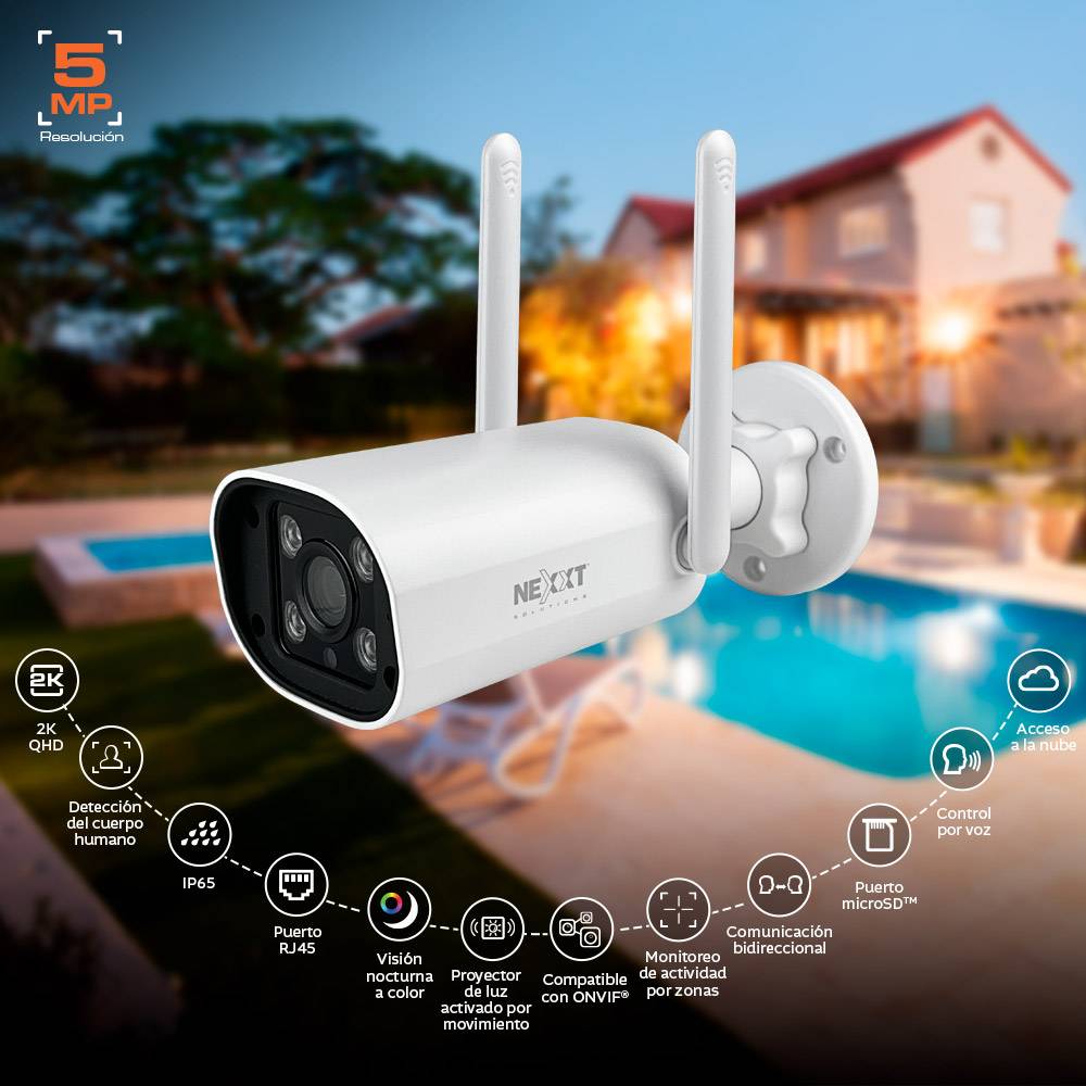 Cámara inteligente Wi-Fi para exteriores Nexxt Solutions Home, 2K, 5MP, detección, visión nocturna 2