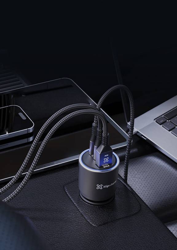 Adaptador auto Klip Xtreme 140W – 2×USB-C, 1×USB-A, carga rápida para múltiples dispositivos 7