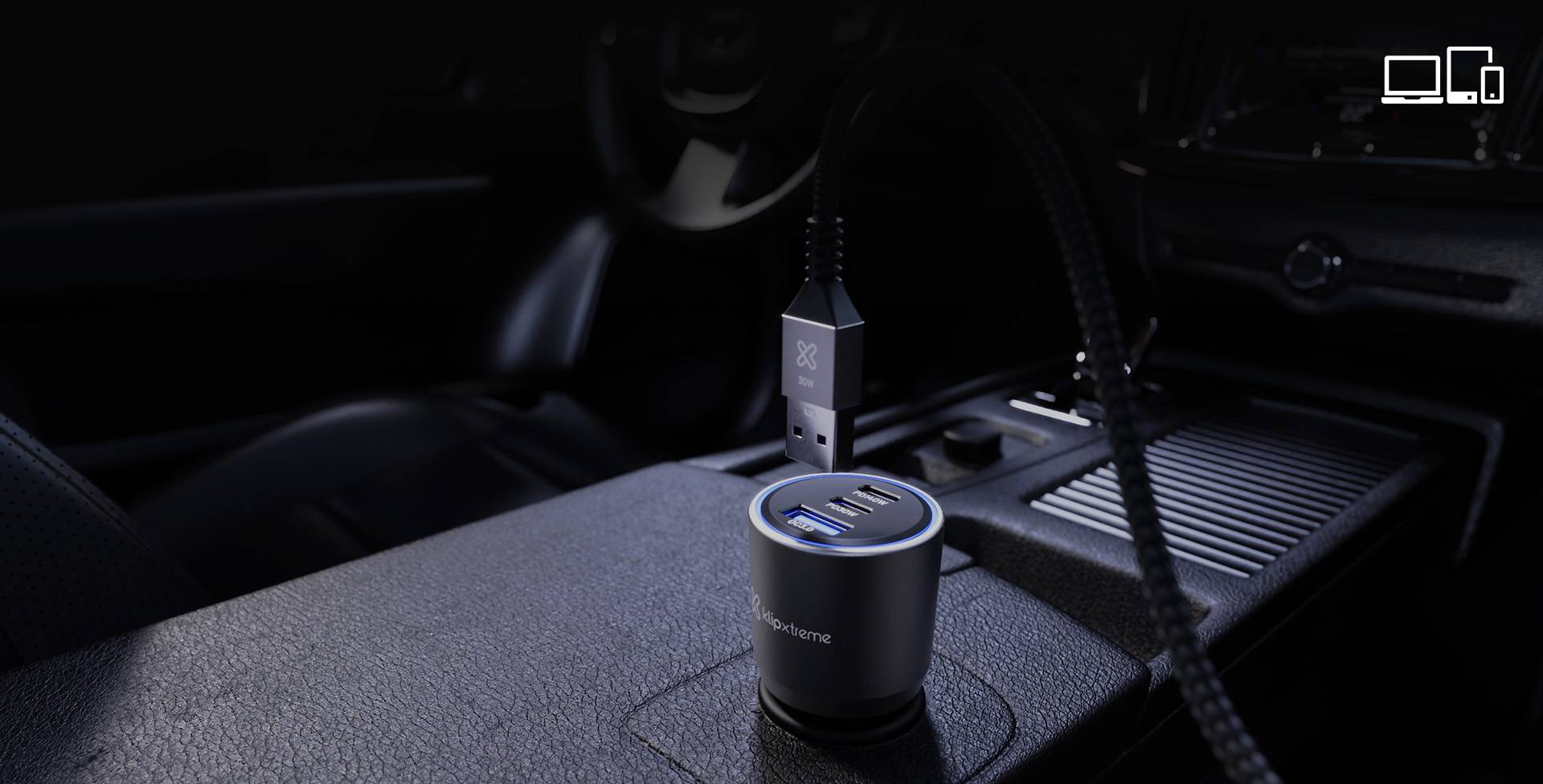 Adaptador auto Klip Xtreme 140W – 2×USB-C, 1×USB-A, carga rápida para múltiples dispositivos 9