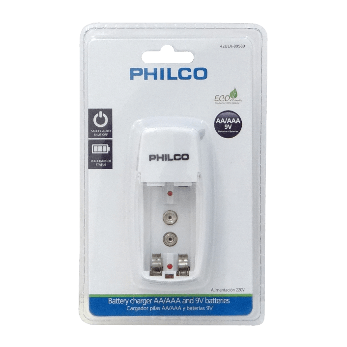 Cargador de Pilas, 1-Pila-9V(20mA) o 2-Pilas-AA/AAA(130mA) no-inc-pilas PHILCO 3