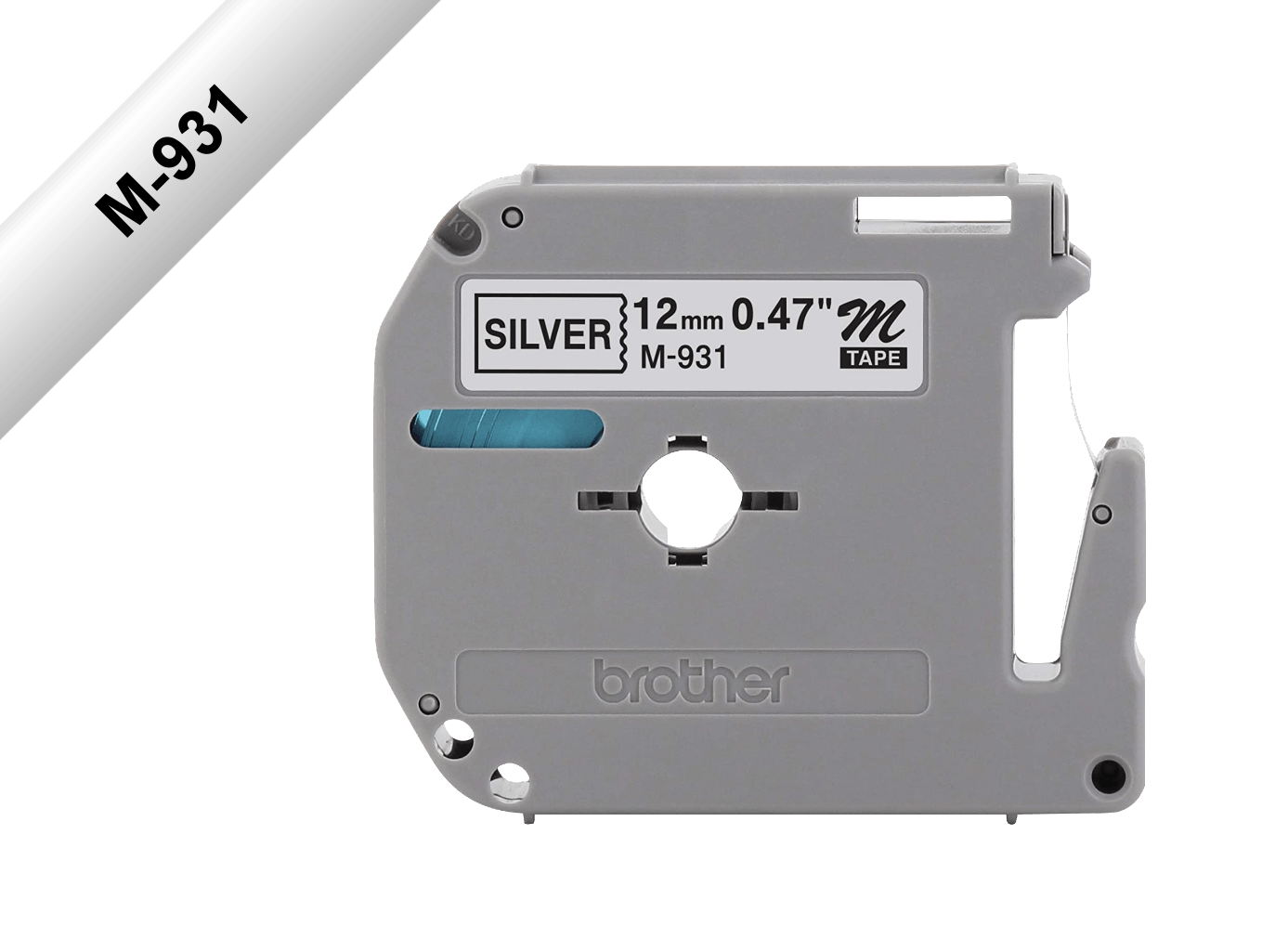 Cinta no laminada Brother M931 en negro sobre plateado de 12 mm x 8 m 1