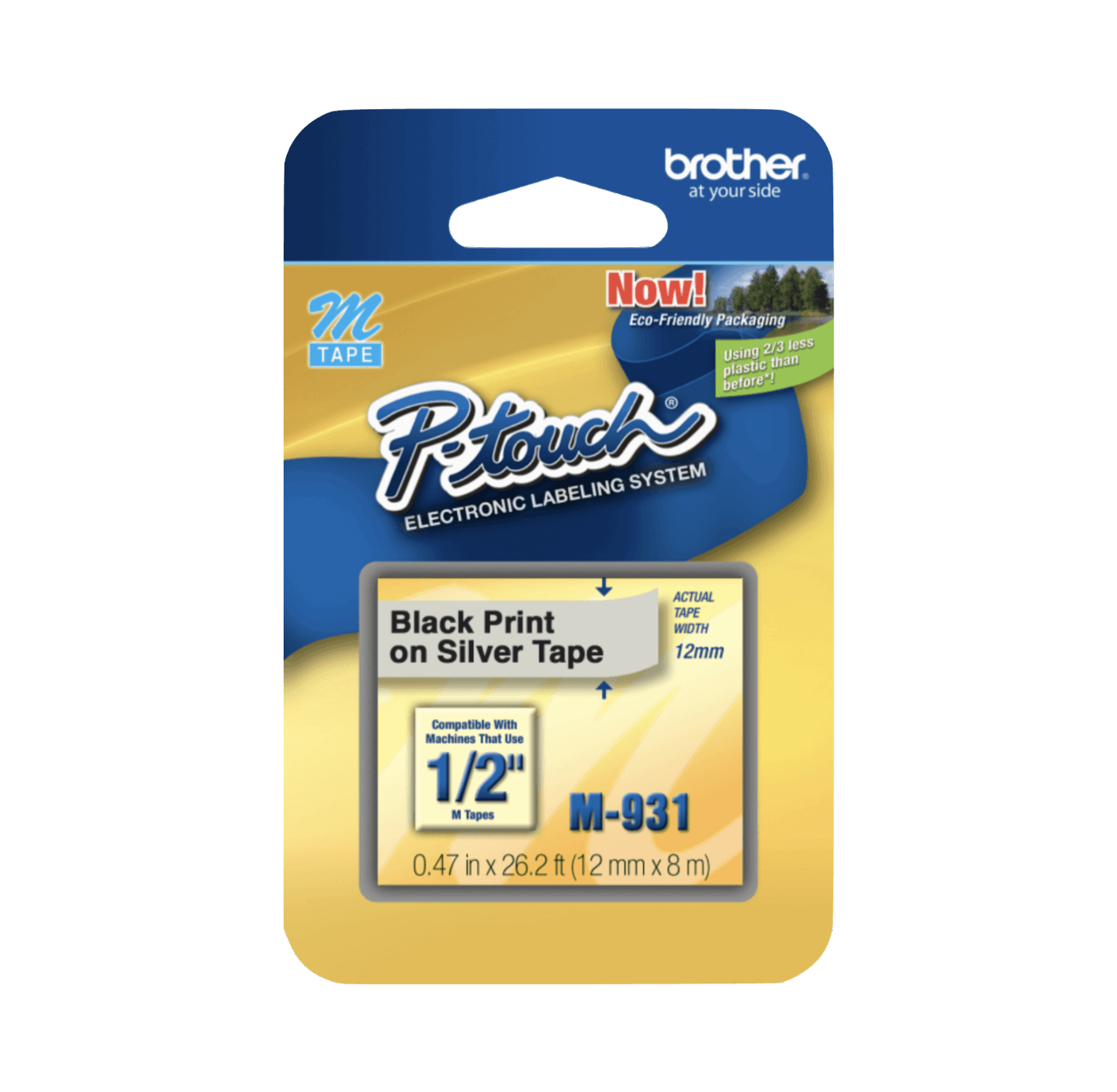 Cinta no laminada Brother M931 en negro sobre plateado de 12 mm x 8 m 2
