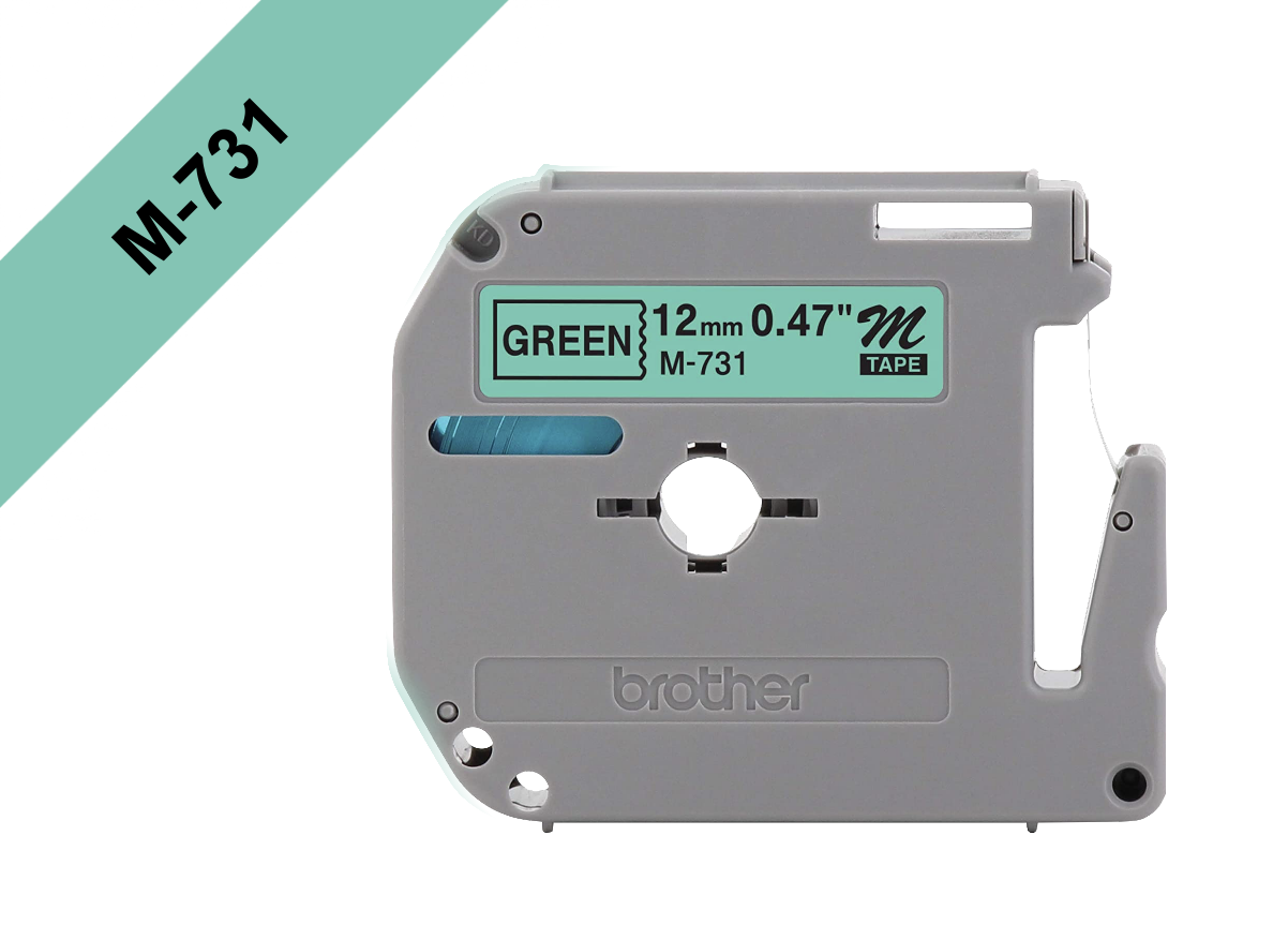 Cinta No Laminada Brother M731, Texto Negro sobre Fondo Verde, 12mm, 8 Metros 1