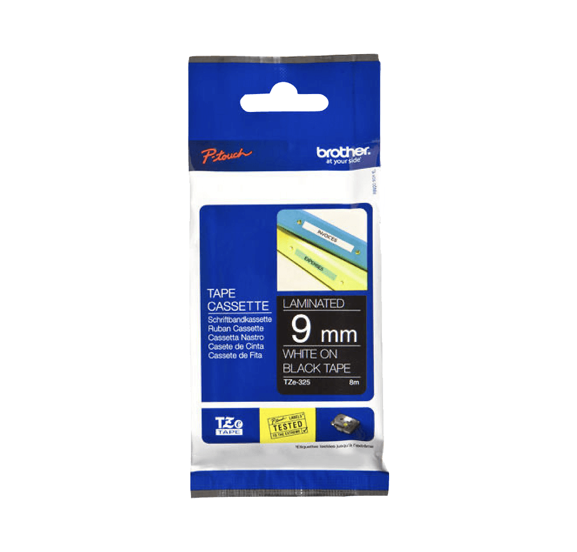 Cinta Laminada Brother TZE-325, Texto Blanco sobre Fondo Negro, Ancho 9mm, Longitud 8m 1