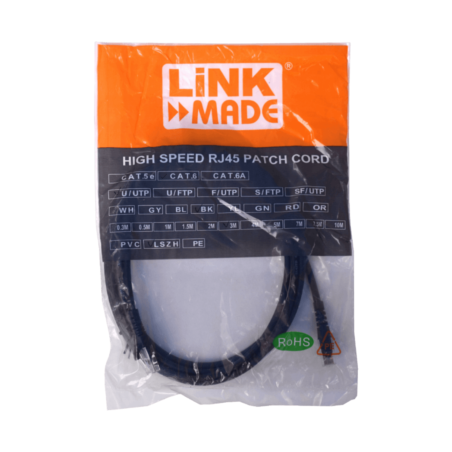 LINKMADE 3MT CAT6 NEGRO LSZH CABLE PATCH INYECTADO MULTIFILAR 1