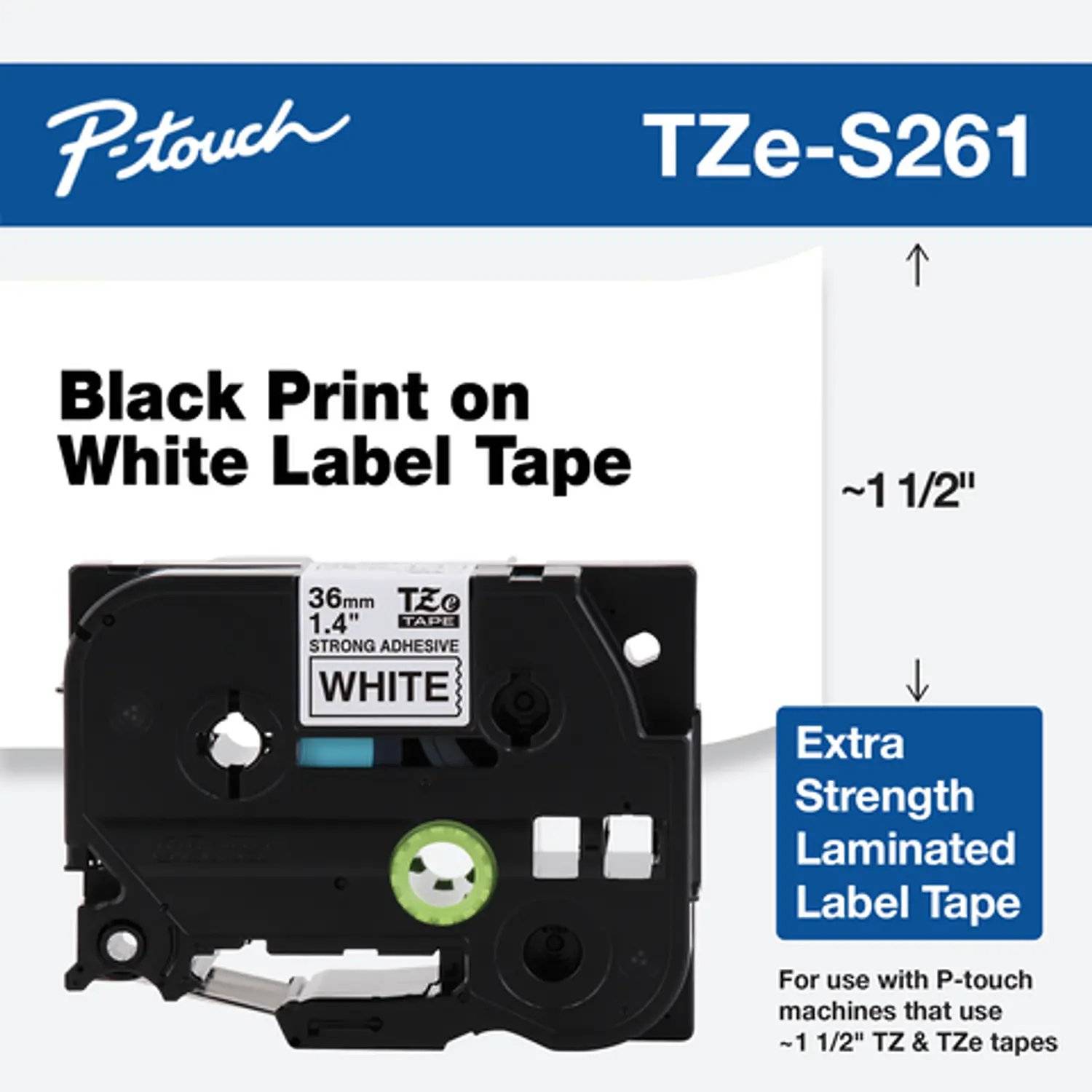 Cinta de Etiquetado Laminada Brother TZe-S261, 36mm x 8mts, Negro sobre blanco 1