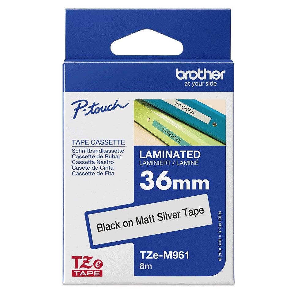 Cinta laminada Brother TZES-961 negro sobre plata 36mm para rotuladoras PT extra resistente 1