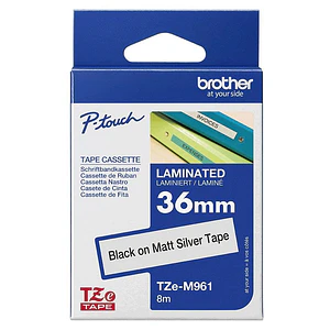 Cinta laminada Brother TZES-961 negro sobre plata 36mm para rotuladoras PT extra resistente