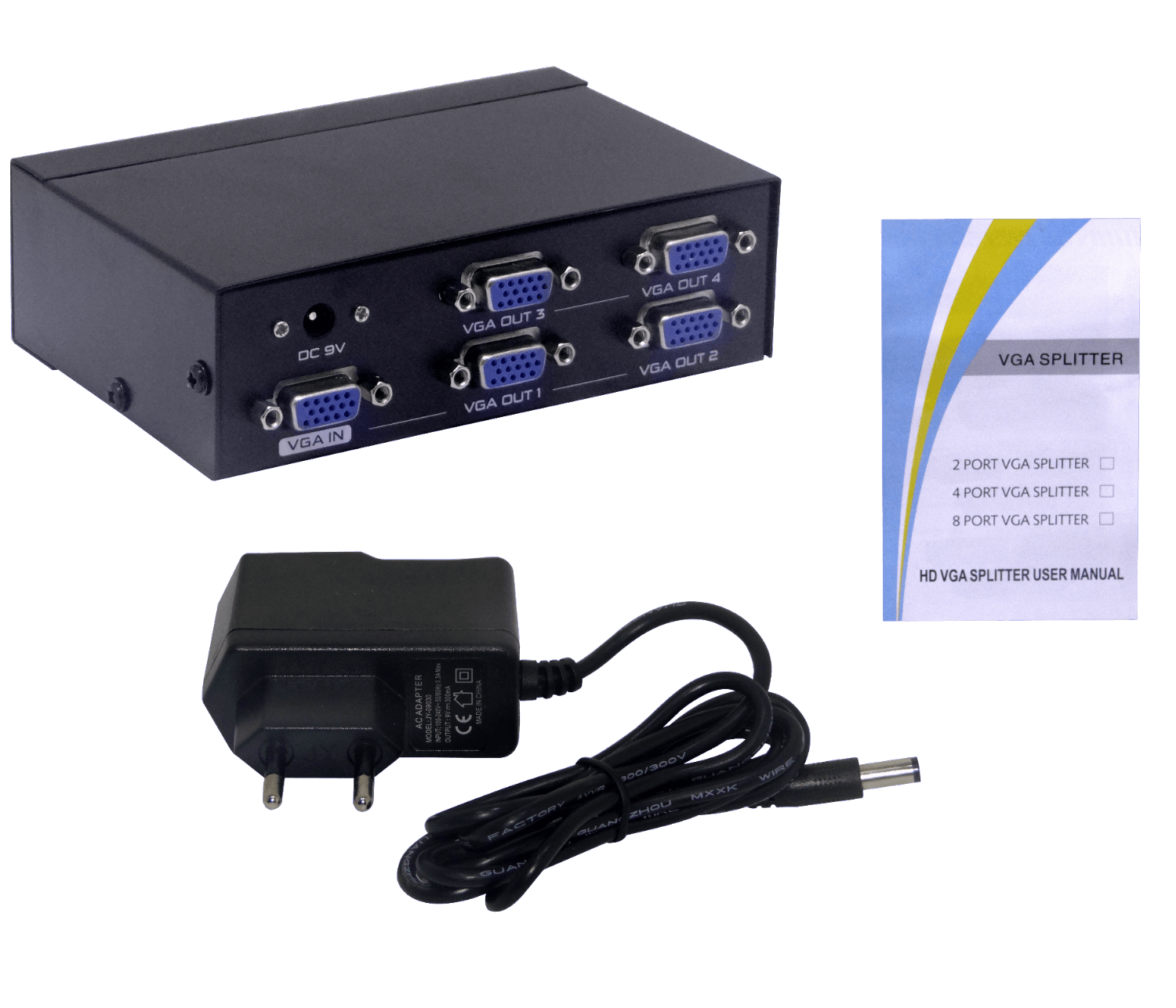 Splitter VGA 1 Entrada Hembra a 4 Salidas Hembra, 1920x1440, con Fuente 9V 1
