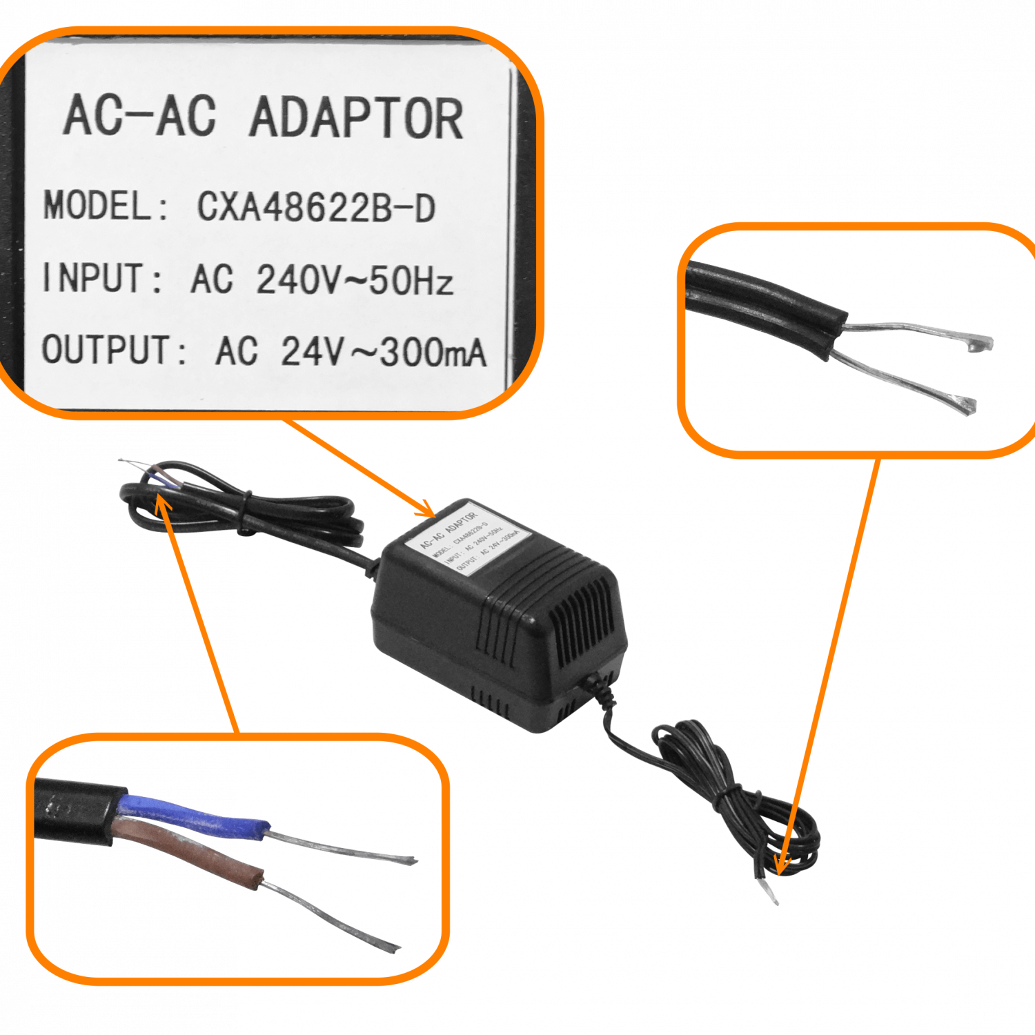 Fuente de Poder 24VAC 0.3A 7.2W, Bobina con Cables Sueltos, Trafo 300mA 2