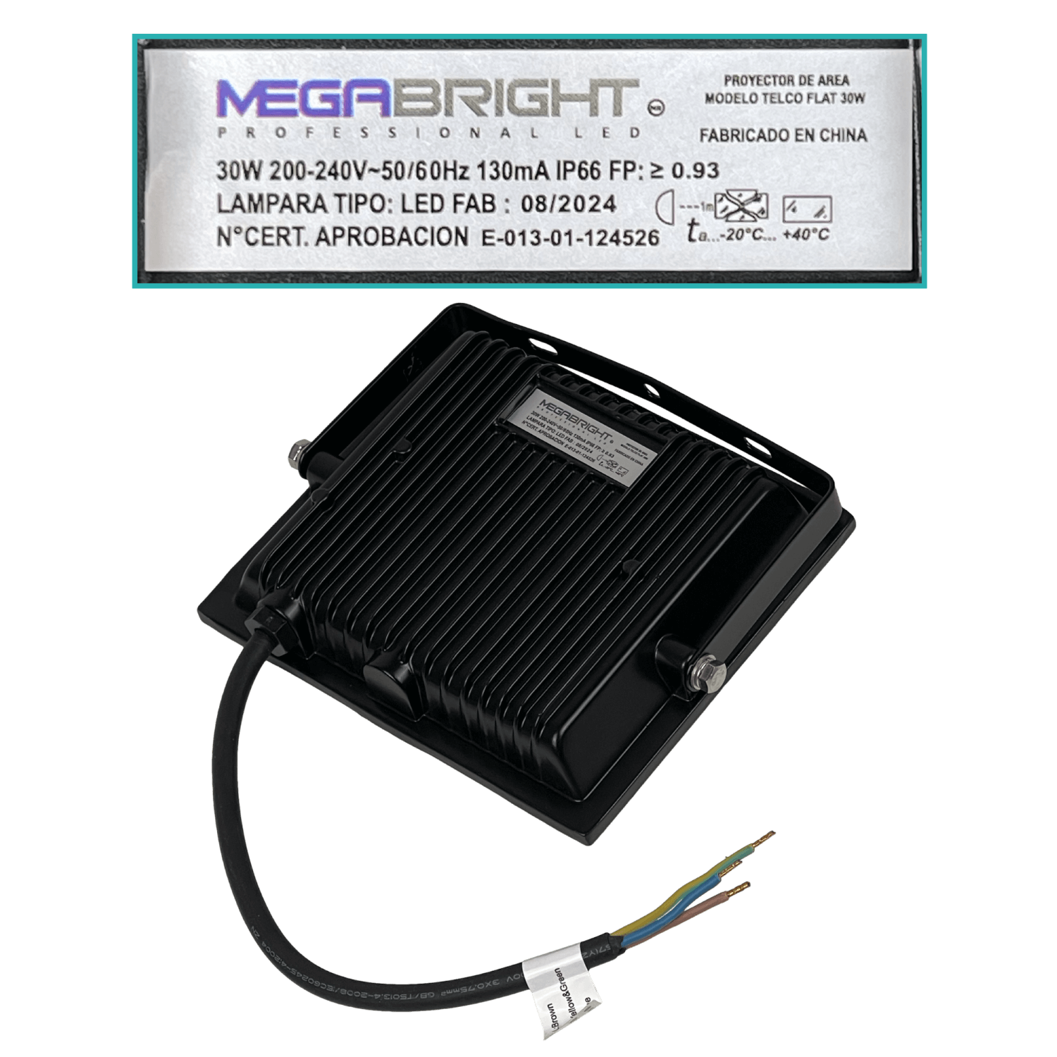 Lámpara LED Exterior 30W, Luz Blanca 6000K, 100°, 200-240V AC, IP65, Certificación SEC 2