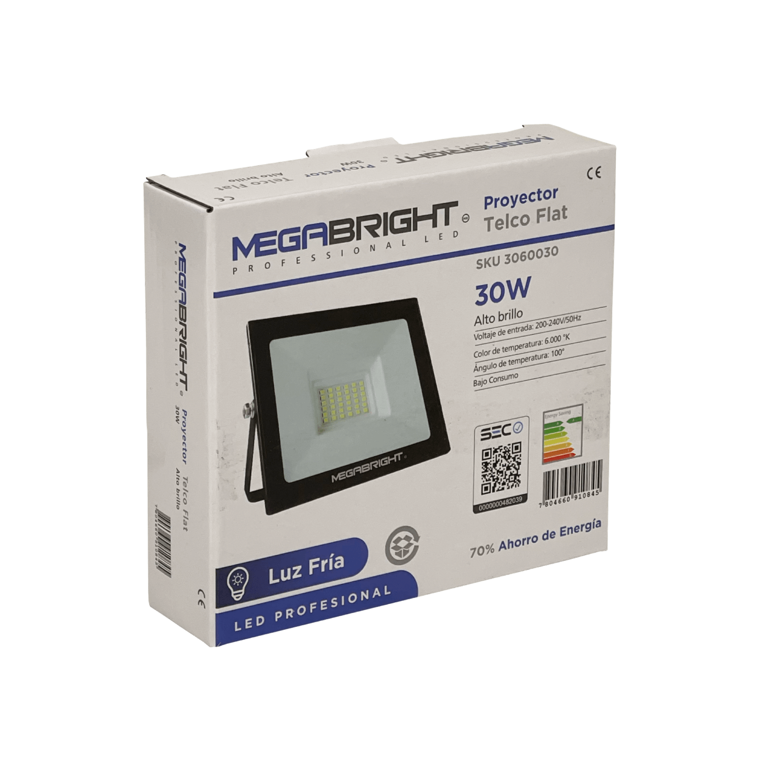 Lámpara LED Exterior 30W, Luz Blanca 6000K, 100°, 200-240V AC, IP65, Certificación SEC 4