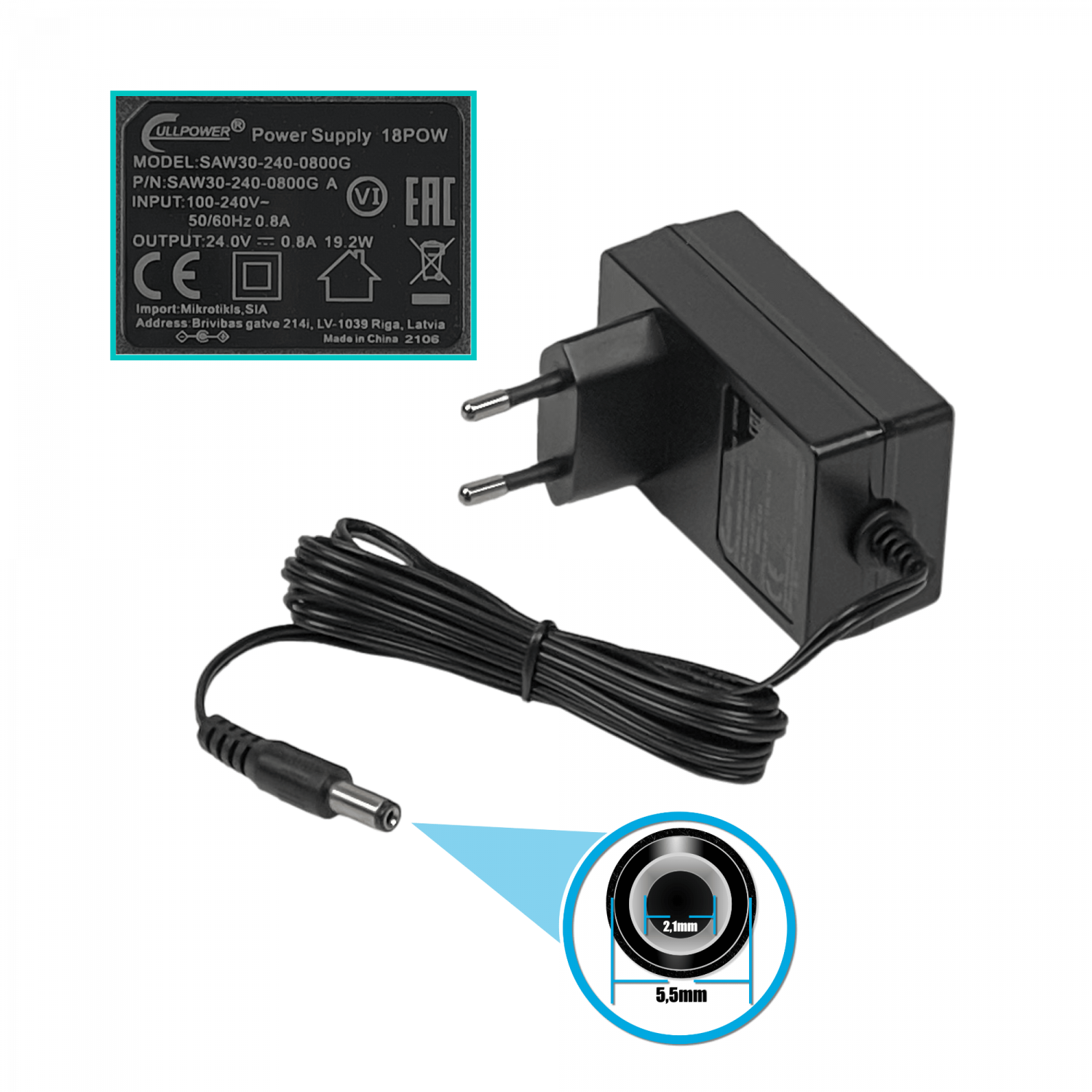 Fuente MikroTik 18POW 24VDC 0.8A 18W Plug 5.5x2.1mm 2